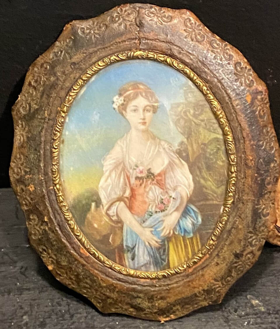 miniature signée  et son cadre en cuir