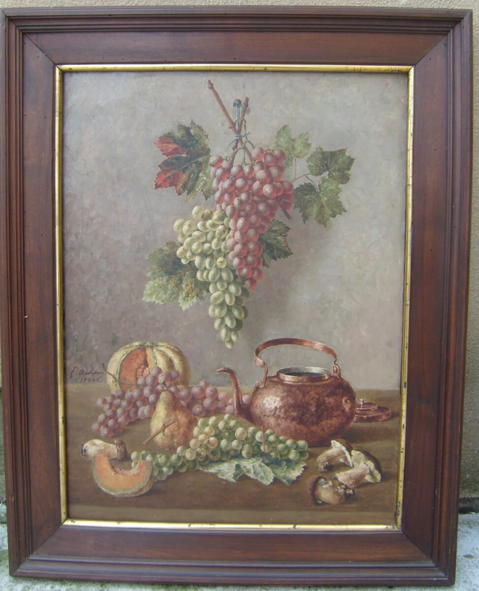 tableau, peinture nature morte aux raisins signée Anselme