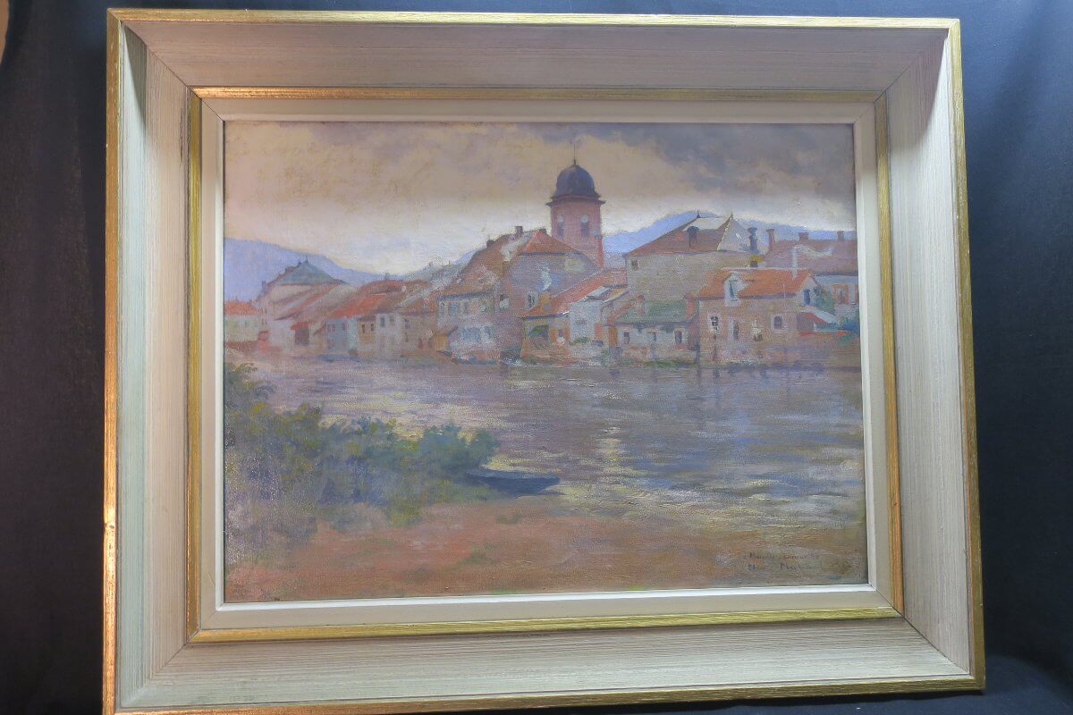 tableau, la Meurthe à Lunéville. Peinture signée Henri Marchal