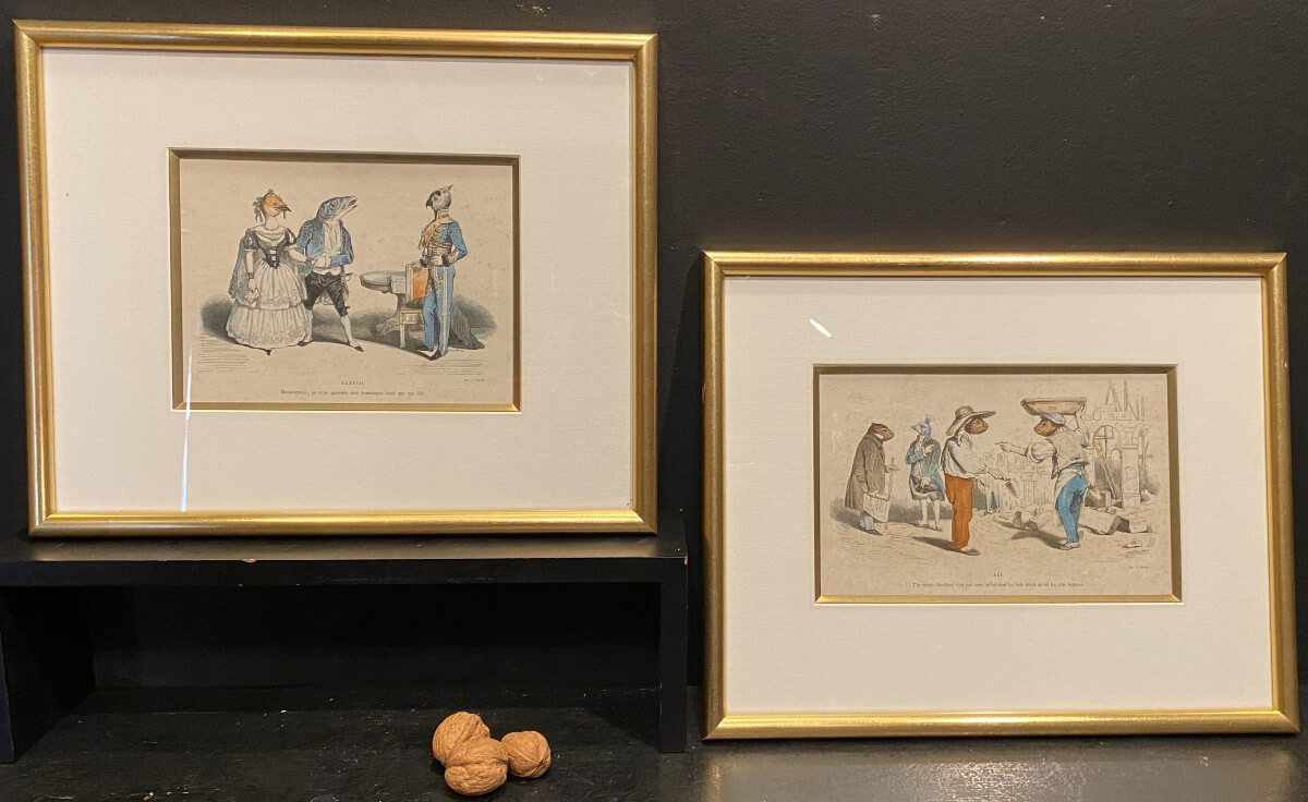 paire de gravures colorées de Granville
