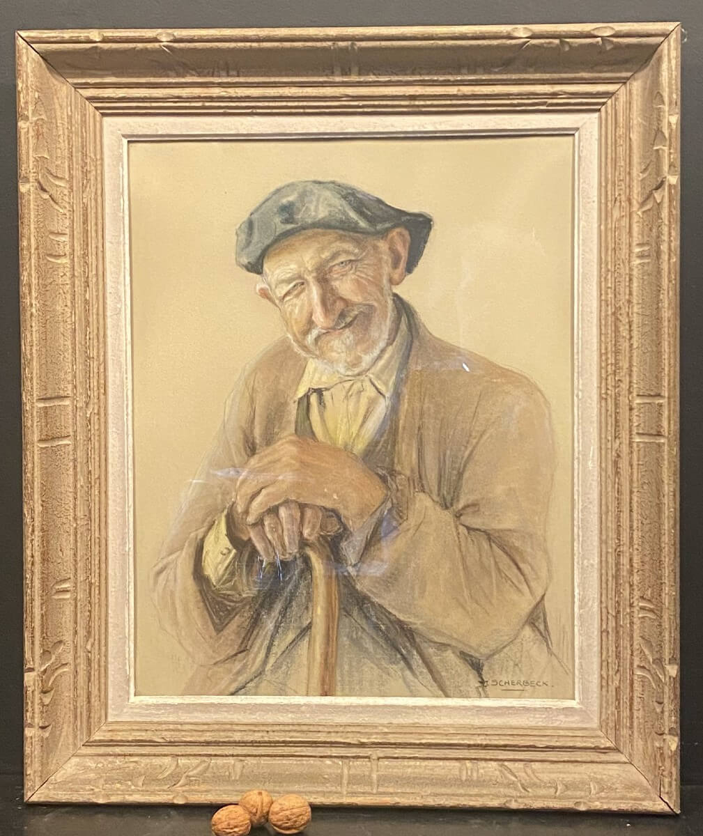 Tableau, portrait d'un vieil homme à la canne