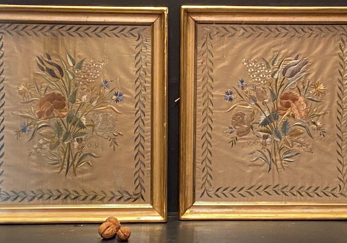 Paire De Tableaux, Peinture à l'Aiguille