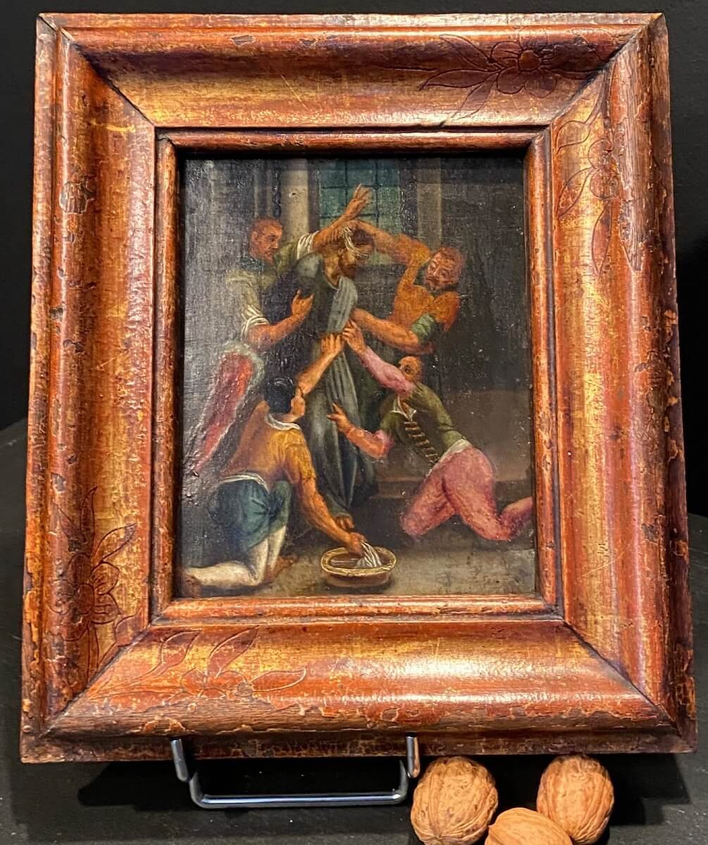 Tableau " Le Christ Aux Outrages ", Peinture Sur Cuivre Du XVI°