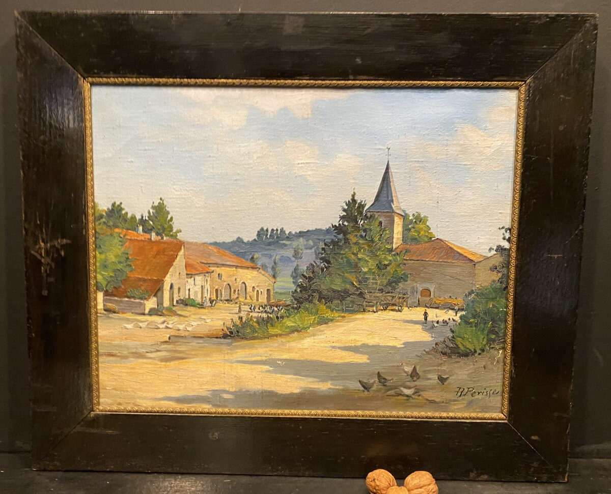 Tableau, Peinture  Signée Perisse, Village De Pierreville Sur Madon