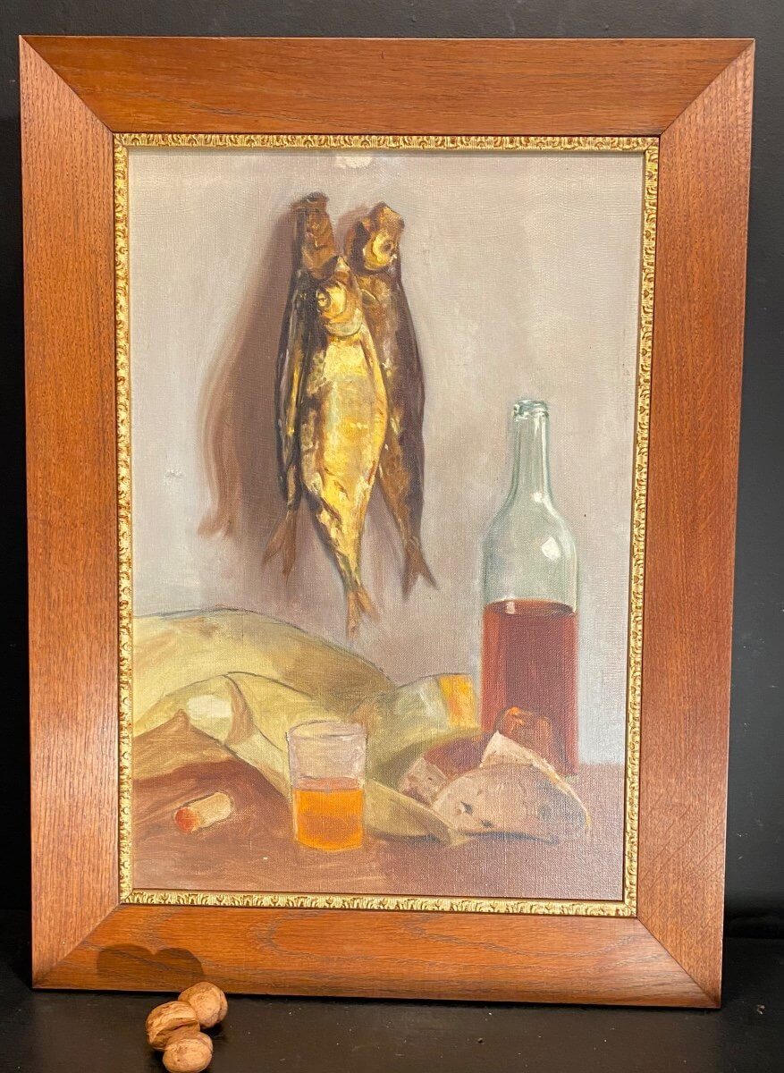 Tableau, Peinture Nature Morte Aux Poissons Séchés