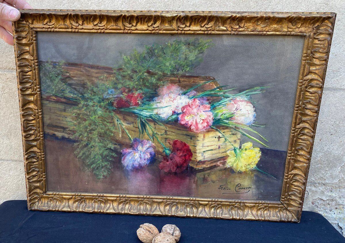 Tableau, Aquarelle, Panier Aux Oeillets